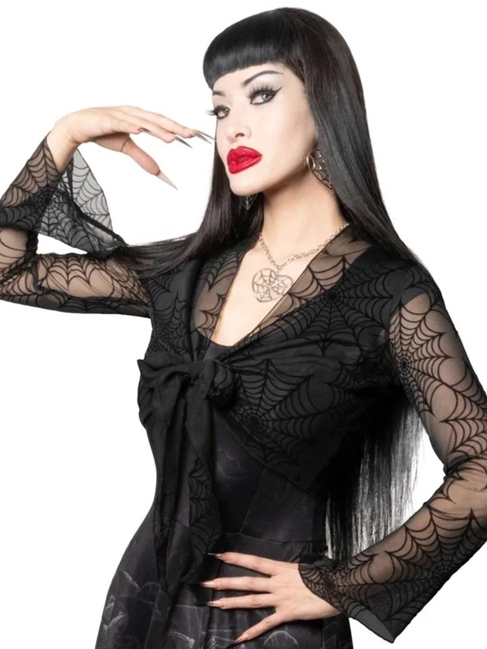 Kreepsville 666 Spiderweb Mesh Tie Front Vamp Sleeve Top NWT